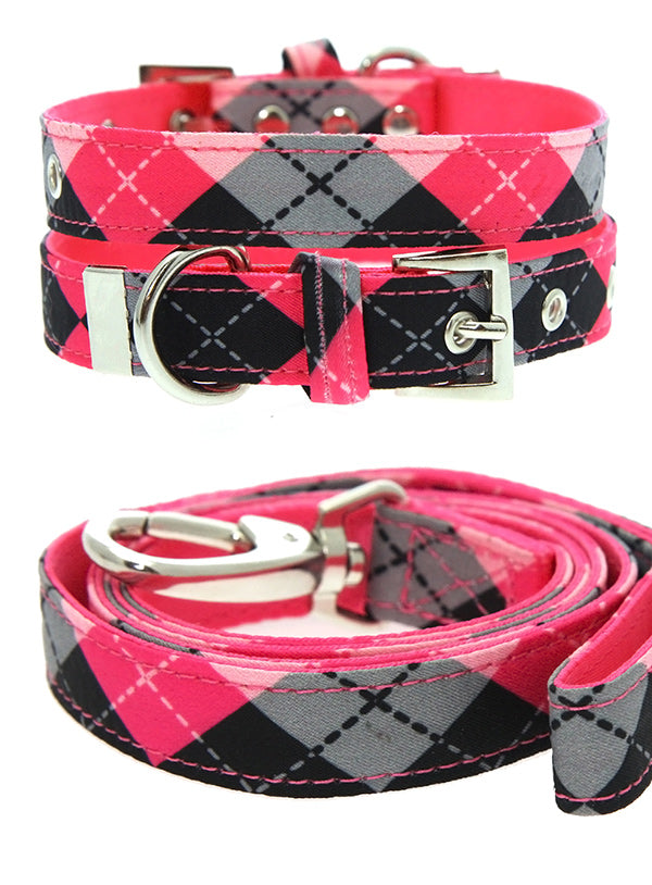 Pink Argyle Fabric Lead and Collar (Large) set ONLY