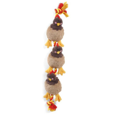 Zoon Tugga Farm Chickens on a rope Dog Toy is everything your pooch wants in a toy at Smiley Myley