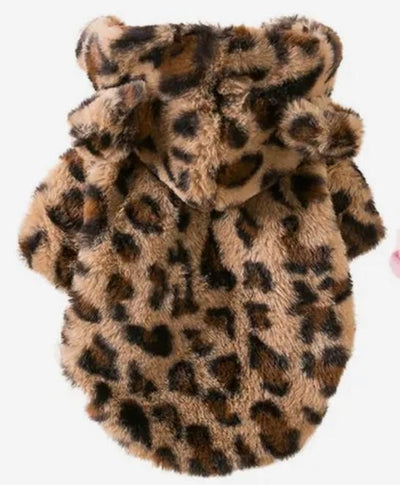 Fluffy 'Leopard Print' Dog Jacket with a warm hood and ears