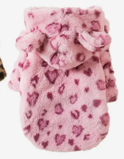 Fluffy Pink 'Leopard Print' Dog Jacket with a warm hood and ears
