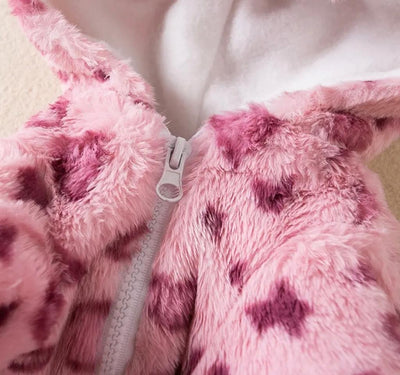 Fluffy Pink 'Leopard Print' Dog Jacket with a warm hood and ears