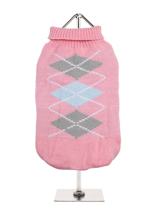 A Baby Pink and Grey Argyle Jumper for Dogs from Smiley Myley Dog Accessories