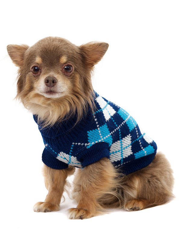 Urban Pup is this knitted black and blue jumper for dogs, with a baby blue and white diamond pattern