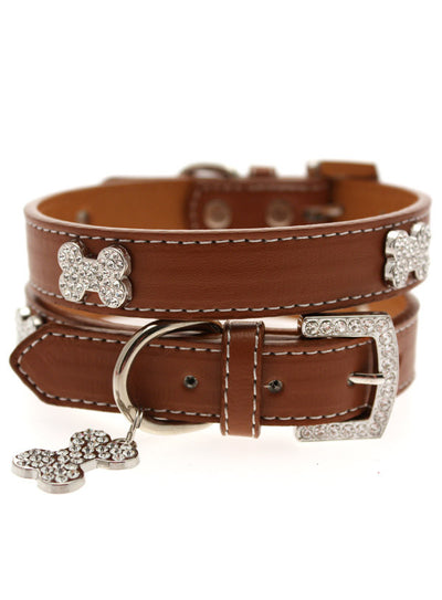 Brown Leather Diamante Collar / Diamante Bone Charm & Lead Set