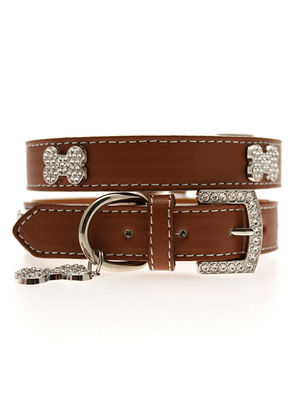 Brown Leather Diamante Collar / Diamante Bone Charm & Lead Set