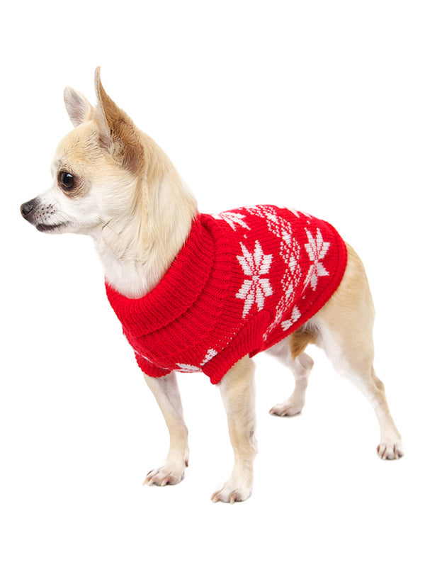 Red Snowflake Knitted Sweater for Dogs by Urban Pup here at Smiley Myley