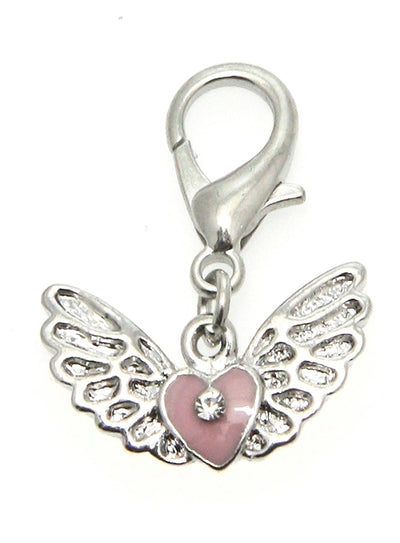 a beautiful pink heart shaped charm with silver angels wings for your dogs collar