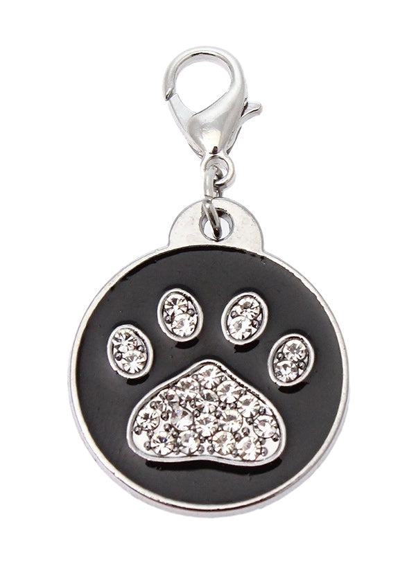 Black Enamel & Diamante Paw Dog Collar Charm is encrusted with diamantes set against black enamel