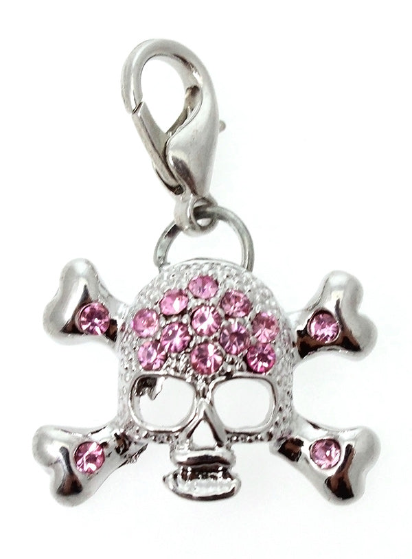 Pink crystal encrusted skull & crossbones dog collar charm for your pup dog